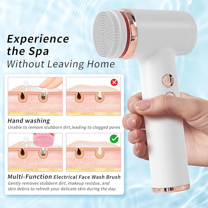 4 in 1 Facial Cleansing Brush, Multi Function Electrical Face Wash, Brush IPX6 Waterproof Portable Face Scrubber, 5 Speed Adjustable, 2 Rotation Directions Adjustable, Gift for Women Men (White)