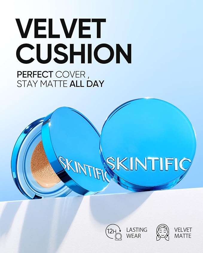 Velvet Matte Cushion Foundation Blue Ultra Cover Powder Foundation, 12h Oil-Control, Lightweight, Long-Lasting, Waterproof Korean Cushion Makeup(#01W Warm Vanilla)