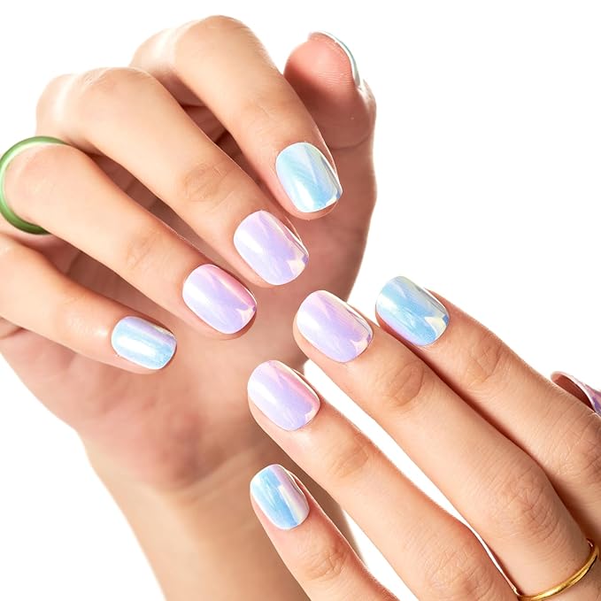 GLAMERMAID Extra Short Press on Nails 24PCS, Chrome Pink and Blue Fall Gel Glue on Nails, Glossy Round Reusable UV Finish Fake Nails Acrylic False Nails Manicure Kits for Women