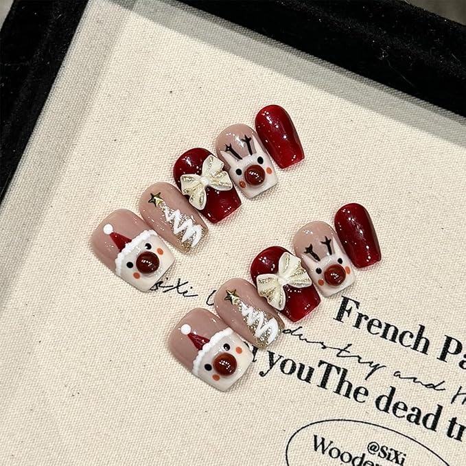 10Pcs Christmas Press on Nails Short Square Fake Nails with Bow Charms Design Cute Santa Claus Red Nose Elk False Nails Winter Christmas Stick on Nails for Women Girls Holiday DIY Acrylic Manicure