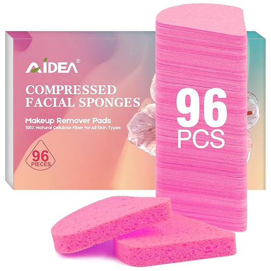 AIDEA Compressed Facial Sponges 96Count Pink, Travel Essentials Makeup Sponges, 100% Natural Cellulose Cosmetic Spa Sponges for Facial Cleansing, Exfoliating, Makeup Remover Pads