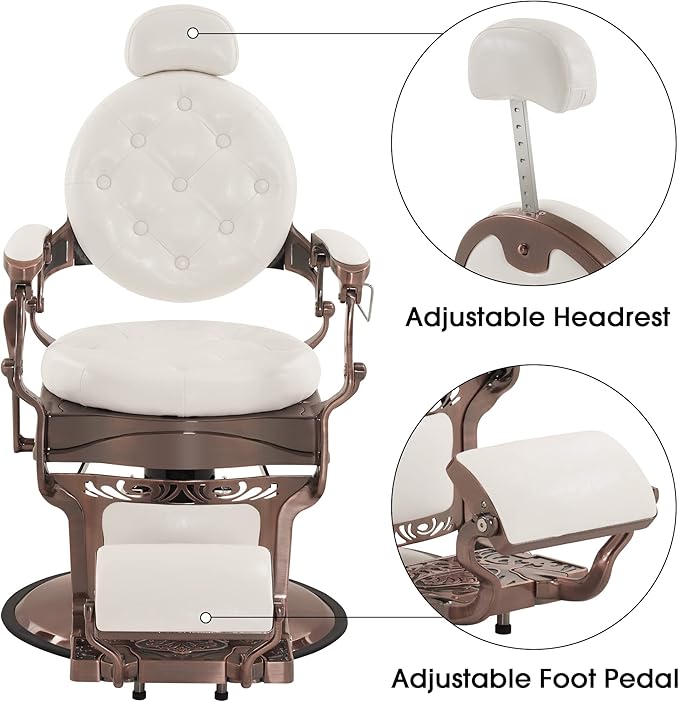 BarberPub Heavy Duty Metal Vintage Barber Chair All Purpose Hydraulic Recline Salon Beauty Spa Chair Styling Equipment 8914 (White with Reddish Bronze Frame)