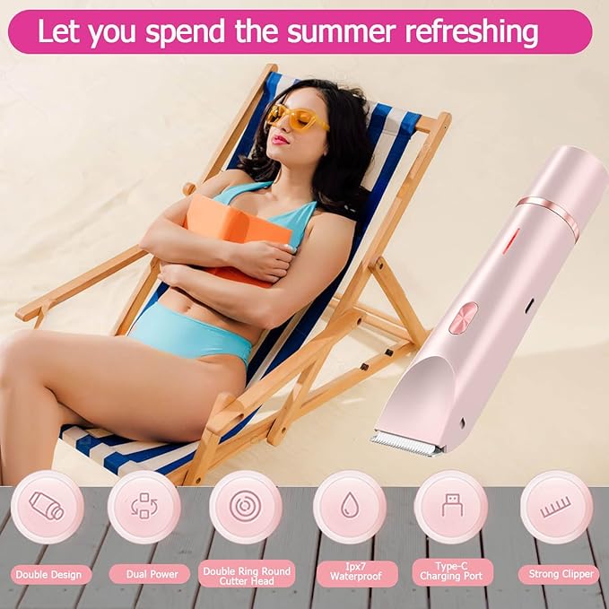 Bikini Trimmer for Women, Waterproof Bikini Shaver with Dual Head Design, Cordless Rechargeable Shaver for Women Private Area, Gentle Wet & Dry Hair Removal for Bikini Line & Underarms