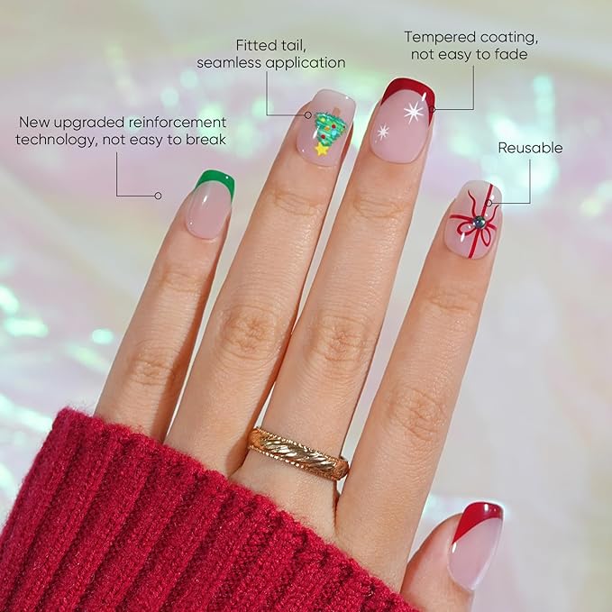 Christmas Press On Nails Short - Jofay Fashion French Tip Press On Nails Square for Gifts, Stick On Nails with Glue, Glossy Reusable Nail Tips in 16 Sizes - 32Pcs Soft Gel Fake Nails Kit
