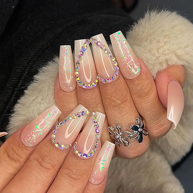 Yivaiks Rhinestone Press on Nails Pink Medium Length Stick on Nails for Women Glitter Artificial Nails Acrylic Nails Press on Fake Nails With Glue 24pcs