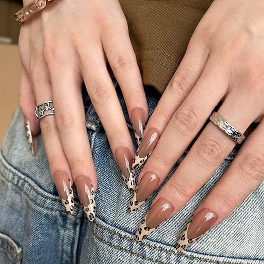 Leopard French Press On Nails 24pcs, Medium Stiletto Nude Fake Nails with Leopard Print Tips, Glossy Acrylic False Nails, Reusable Stick On Nails Kit for Women Girls Manicure