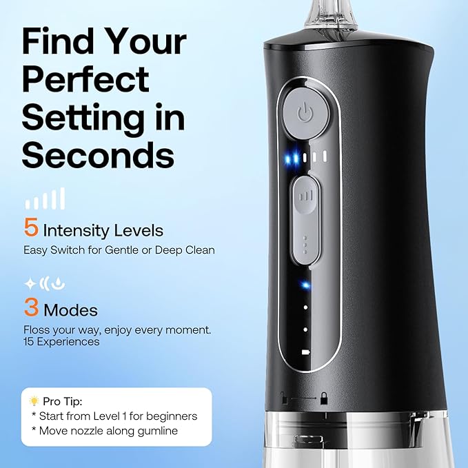 Bitvae Water Dental Flosser for Teeth, Cordless Water Teeth Cleaner Picks, 3 Modes 5 Intensities, IPX7 Waterproof, Rechargeable Water Dental Picks for Cleaning - Black