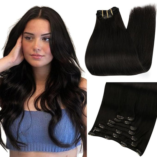 Full Shine Black Clip in Hair Extensions Human Hair 18 Inch Invisible Hair Clip in Extensions for Women Black Straight Hair Extensions Clip in Human Hair 7 Pcs 120 G