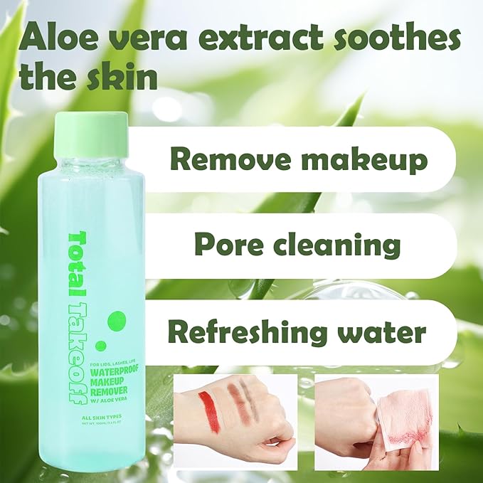Total Takeoff Waterproof Makeup Remover – Dual-Phase Oil & Water Formula, Removes Eye & Lip Makeup, Gentle for Sensitive Skin, Aloe & Argan Oil, No-Rinse, 3.4 fl oz/100ml