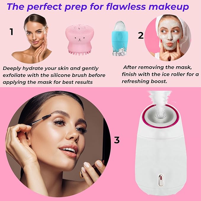 Facial Steamer and Ice Roller – 3-in-1 Nano Ionic Spa Kit for Deep Hydration and Pore Cleansing – Home Facial Care Set,auto Shut Off