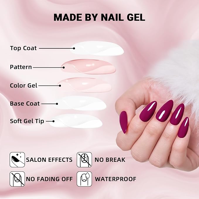 Wooyas Press on Nails Almond，Reusable Handmade Gel Fake Nails Medium Glossy ，Lightweight Natural Soft Gel Stick On Nails in 12 Sizes - 24 Pcs Soft Gel Glue On Nails Kit，Berry Color