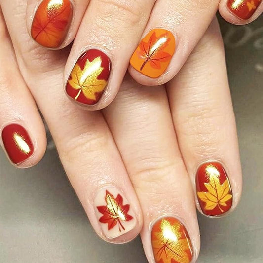 Red Maple Leaf Press on Nails 24Pcs Glossy Gold Glitter Acrylic Fake Nail Thanksgiving Short Square False Nails Fall Leaves Stick on Fingernails Autumn Gel Glue on Nail for Coquette Women Girls