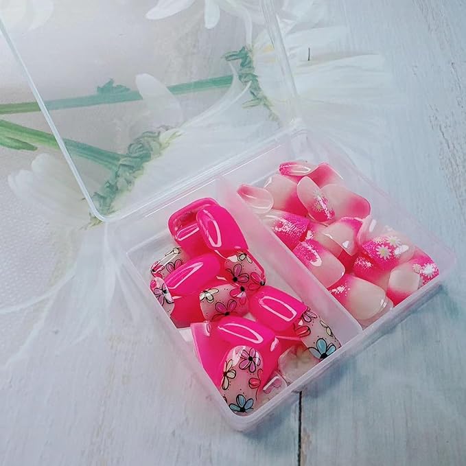 48Pcs Pink Press on Nails Kit - Flower Fake Nails Short Square with Floral Designs Glossy Cute Gradient Pink False Nails French Nails Press ons Flowers Spring Stick on Nails for Women Daily Wear