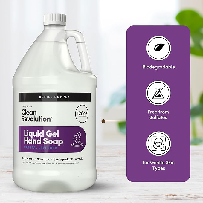Clean Revolution Liquid Gel Hand Soap, Silky Rich Liquid, Quick Lather, Fast Rinsing, Contains Real Essential Oils (Natural Lavender) 128 Fl Oz