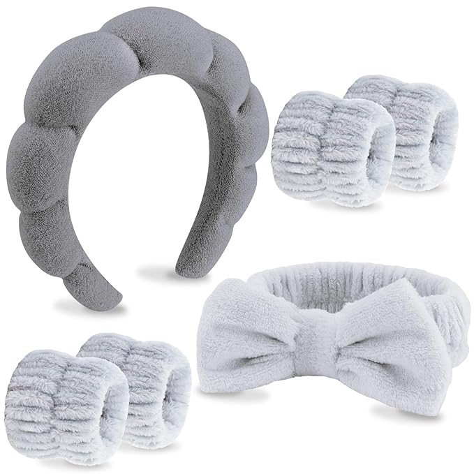 VELSCRUN 6 Pack Spa Headband, Makeup Headband, Face Wash Headbands, Skincare Headbands, Grey Sponge Hair Band Bow Tie Spa Head Band for Washing Face Wristband Set Hair Accessories for Women Girls