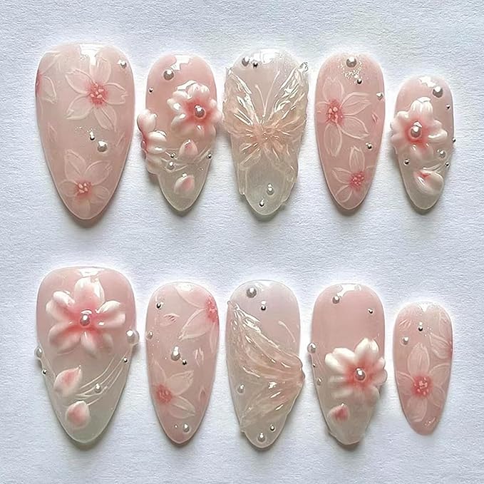 3D Flower Press on Nails Medium Almond Fake Nails with Pink Blossom Designs Handmade False Nails Glossy Full Cover Acrylic Nail Tips Peal Floral Butterfly Glue on Nail for Women 24Pcs
