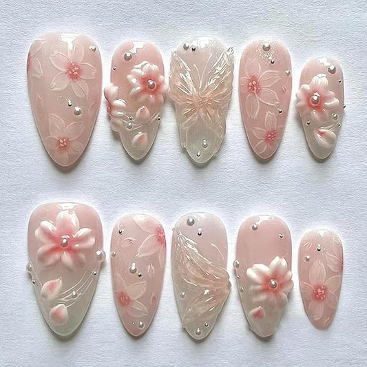 3D Flower Press on Nails Medium Almond Fake Nails with Pink Blossom Designs Handmade False Nails Glossy Full Cover Acrylic Nail Tips Peal Floral Butterfly Glue on Nail for Women 24Pcs