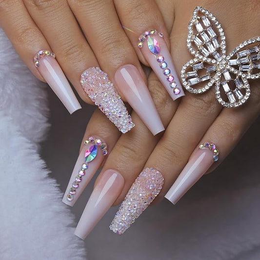 Yivaiks 24 pcs Pink Coffin Press on Nails Long Nails for Women, Glossy Crystal Rhinestone Fake Nails with Nail Glue on Nails,Full Coverage Acrylic Nails（helmsman）