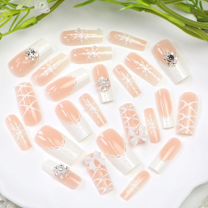 White French Tip Press on Nails Medium Square Fake Nails with 3D Bow Snowflake Charm Designs Gradient Nails Press ons Winter Acrylic Nails for Women 24Pcs
