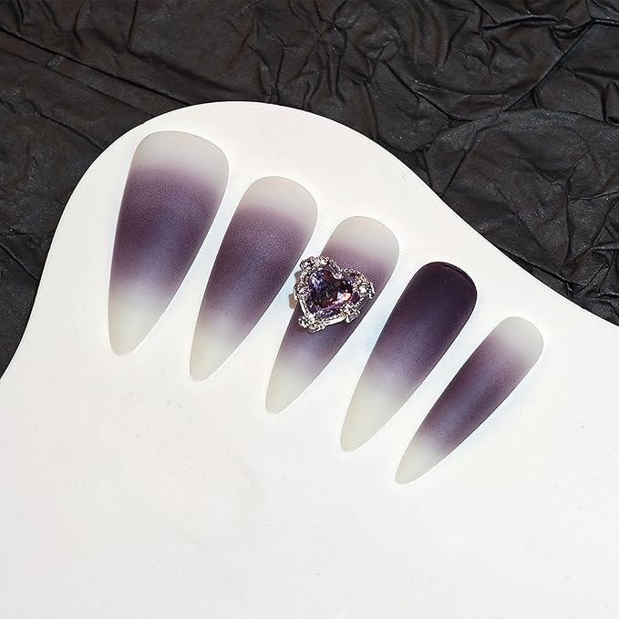 IMRAIN Press on Nails Long Stiletto Fake Nails Matte Purple Ombre Designs Full Cover Gel Artificial False Nails Cute Heart Rhinestone Charms Stick on Acrylic Nails for Women 24Pcs
