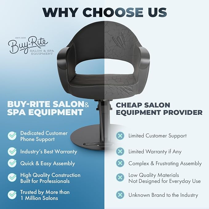 Buy-Rite Luna Noir Styling Chair – Professional Salon & Barber Chair with Mid-Century Design, Stitch Pattern, Black Metal Arms, Hydraulic Base, Easy-Clean Vinyl, YLG-356-BLK (Black Flat Round Base).