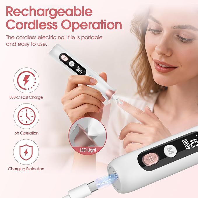 Electric Nail Drill Kit, Haootadiy Professional Manicure Pedicure Set Rechargeable with Nail Drill Bits Sanding Bands, Cordless Electric Nail File Buffer for Acrylic Gel Dip Powder Nails Grind Trim