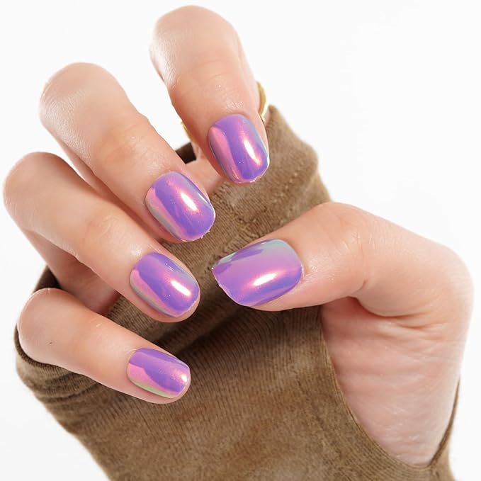 GLAMERMAID Extra Short Press on Nails 24PCS, Handmade Vilot Purple Chrome Fall Gel Glue on Nails, Glossy Round Reusable UV Finish Fake Nails Acrylic False Nails Manicure Kits for Women