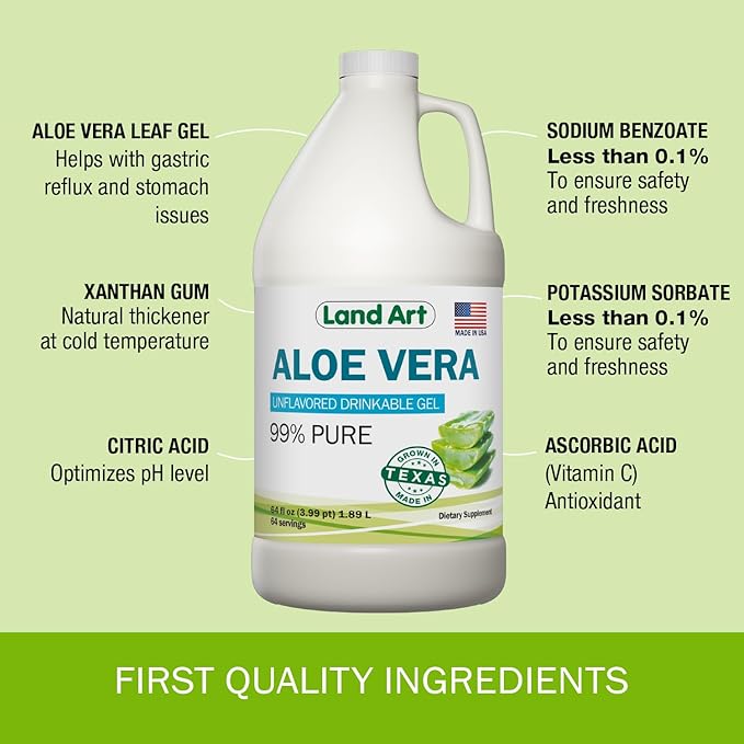 Land Art - Organic Aloe Vera Drinkable Gel for Heartburn & Acid Reflux Relief - 99.7% Pure - Cold-Processed - Improves Digestive Health - Soothing and Natural - Vegan & Gluten-Free - 64 fl oz