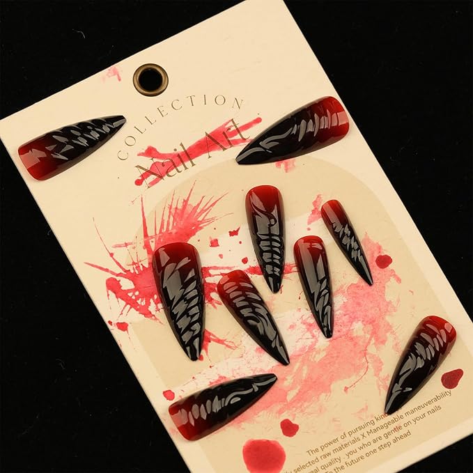 IMRAIN Press on Nails Long Stiletto Fake Nails Black Red Gradient 3D Wave Full Cover Glossy Gel Acrylic Halloween False Nails Y2K Glue Stick on Nails for Women 24Pcs