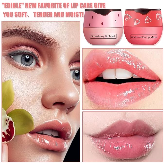 Bee Lip Balm Honey Pot,3 PCS Strawberry&Honey&Watermelon Lip Sleeping Mask,Hydrating Prevention Dry and Cracked Lip Scrubs Exfoliator Lip Care,Moisturizing Lip Mask Overnight Reduces Lip Lines
