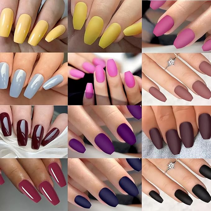 576 Pcs Short Coffin Press on Nails Solid Color Fake Nails Full Cover False Nails Glossy & Matte Acrylic Glue on Nails Reusable Artificial Nails Stick on Nails for Women Manicure 24 Color