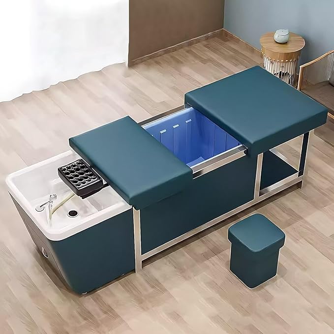 HHEvergreenEnsem Massage Shampoo Bed with Sink & Head Spa Equipment, No Plumbing Head SPA Bed Includes 24 gal Large Water Tank, Storage Space (with Stool, Blue)
