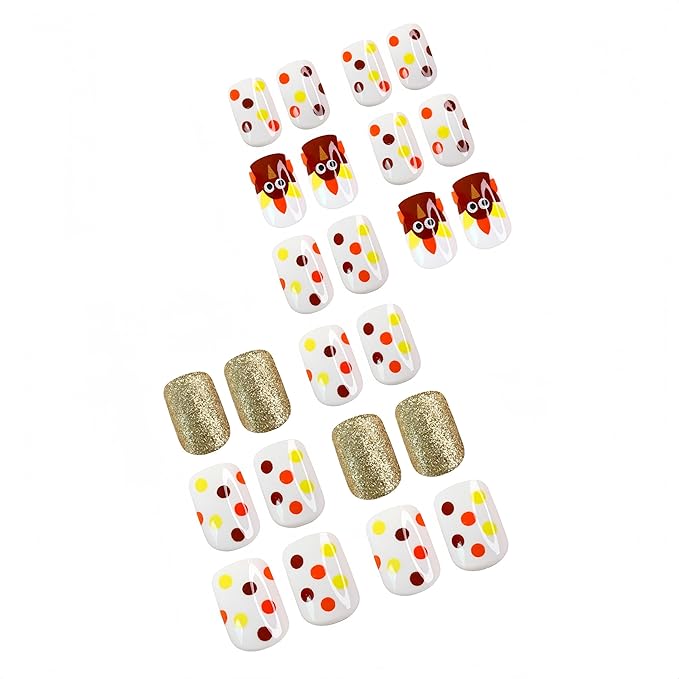 24Pcs Fall Thanksgiving Day Turkey Press on Nails Short Square Fake Nails Gold Glitter Full Cover Artificial Thanksgiving Nails Autumn Polka Dots Design Glue on Nail Glossy Acrylic Nails for Women