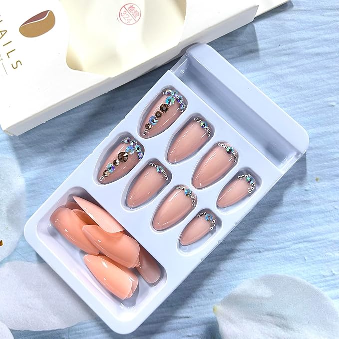 Rhinestones Press on Nails Medium Length Pink Almond Tip Acrylic False Nail Full Cover Glossy Artificial Stick on Nail Press Ons Artificial Fingernails 24Pcs DIY Glue on Nails for Women