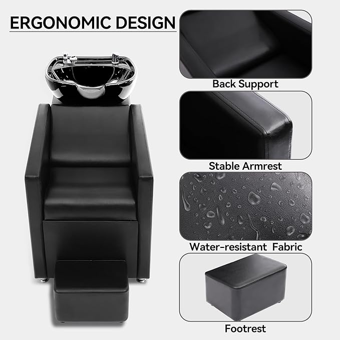 Backwash Barber Chair, Shampoo Bowl Chair with Neckrest, Ceramic Shampoo Bowl Sink Unit, Hair Washing Station with Foot Pedal, Backwash Shampoo Station Chair for Barbershop