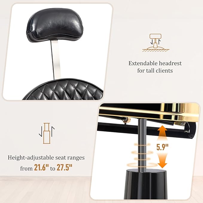 OmySalon Retro Barber Chair Heavy Duty, Aluminum Alloy Frame, Adjustable Headrest, Extra Wide Footrest, Hydraulic Salon Chair for Hair Stylist Reclining All Purpose for Beauty Spa Shampoo, Black Gold