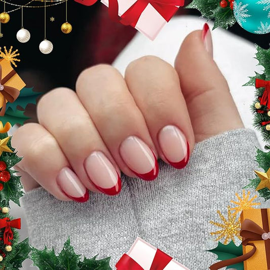 Modelones Red French Tip Press on Nails Short, Christmas Oval Fake Nails, Reusable Nail Kit with Nail Glue Adhesive Tabs Mini Nail File, Nails Press Ons 32Pcs 16Sizes, Women Girl Gift