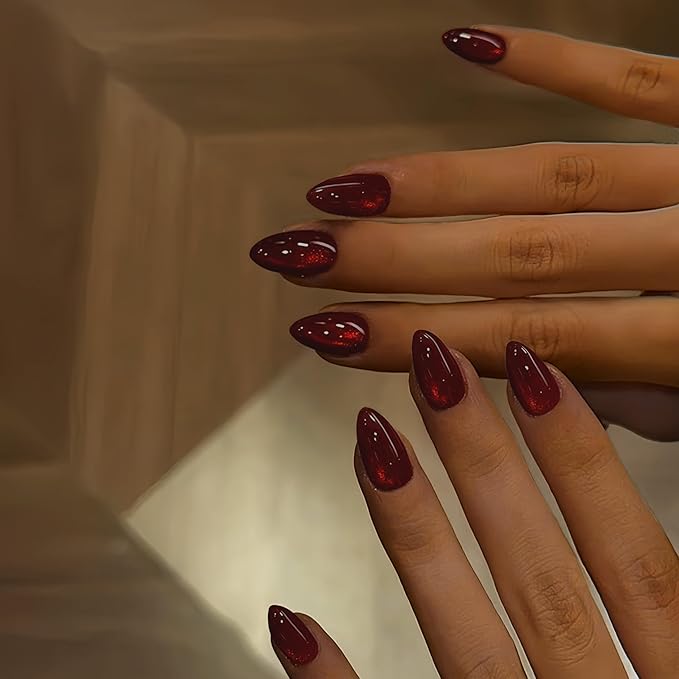 KQueenest Press On Nails Short - Wine Red to Black Press On Nails Almond Shape, Glitter Cat Eye Fake Nails with Nail Glue, Reusable Cute Dark Gel Glue On Nails with Color-Shifting Glow, 30 Pcs