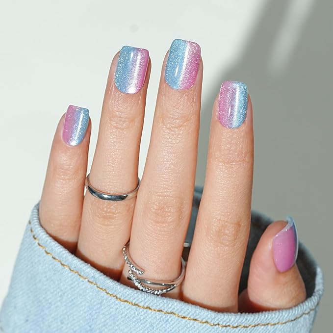 Press on Nails Short, Jofay Fashion Fake Nails, Two-color Ombre Cat Eye Press on Nails, Summer Acrylic False Nails, Reusable Stick on Nails for Women Girls, Glue on Nails Kit 32 Pcs, Twilight Purple