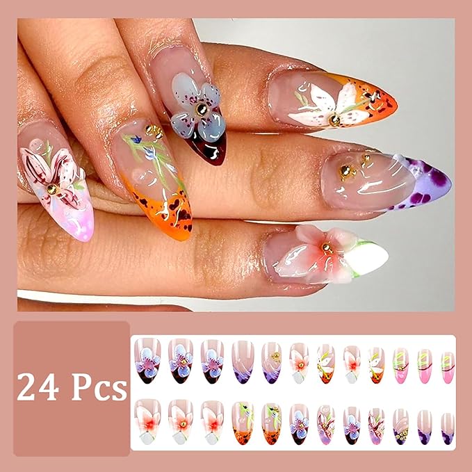24Pcs Autumn Flower Press on Nails Medium Almond French Tip Fake Nails with 3D Flowers Gold Beads Glue on Nail Fall Floral Leaf False Nails Nude Acrylic Nail Tips Full Cover Stick on Nails for Women