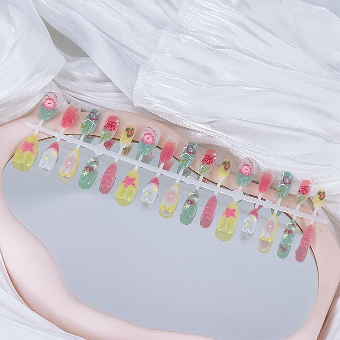 30pcs Summer Press on Nails Medium Almond Fake Nails with 3D Flower Starfish Designs Summer Beach False Nails Pearl Glue on Nails Handmade Full Cover Acrylic Nails Stick on Nails for Women