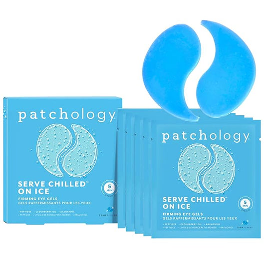 Patchology Iced Cooling Under Eye Mask Patches with Peptides, Cloudberry Oil and Bakuchiol. Cool eye gels to firm skin and soothe, reduce fine lines and under eye bags 5 Pair
