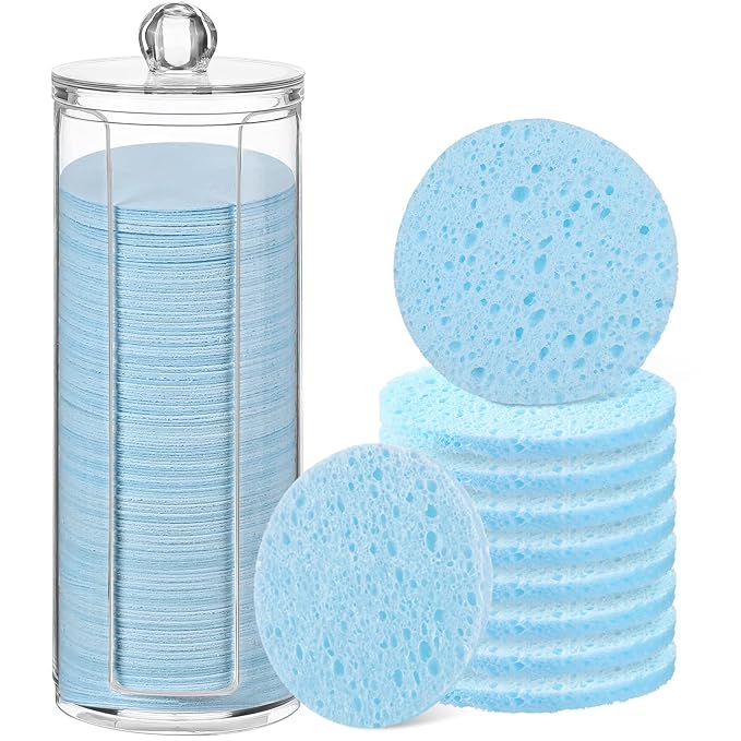 Sieral 120pcs Compressed Facial Sponges Disposable Natural Face Sponges Round Soft Pads with Container for Washing Face Cleansing Exfoliating Esthetician Makeup Removal Travel(Light Blue)