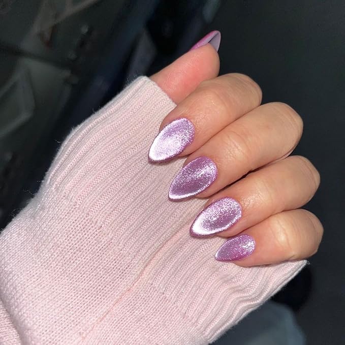 KQueenest Press On Nails Short - Pastel Light Purple Press On Nails Almond Shape, Glitter Cat Eye Fake Nails with Nail Glue, Reusable Cute Bright Gel Glue On Nails with Color-Shifting Glow, 30 Pcs