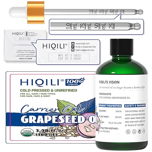 HIQILI 3.38 Fl Oz Organic Grapeseed Oil for Hair, for Skin, Carrier Oil for Essential Oils Mixing, 100% Pure & Natural-100ML