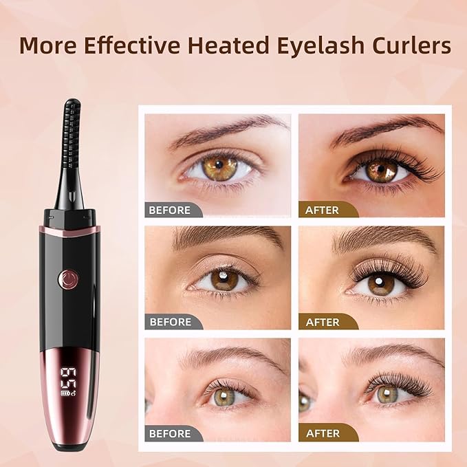 Heated Eyelash Curler, Fast Heat up Within 10s, 24 Hours Long Lasting, Rechargeable Electric Eyelash Curler, Temperature Control, Mini Lash Curler Safe Anti-Burn Eyelash Curle, with LED Display-Black