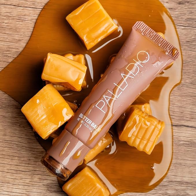 Palladio Butter Balm - Hydrating Lip Balm with Sheer Tint, Aloe, Peptides, Shea Butter, and Vegan Formulation for Instant Moisture, Shine, and Soothing Lip Care, Caramel Glazed