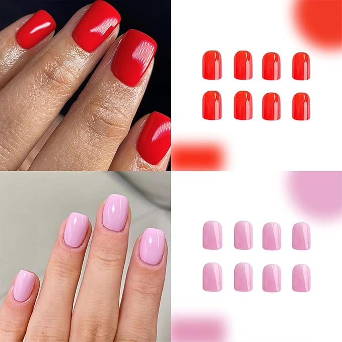 2 Packs 48Pcs Press on Nails Short Square Fake Nails Solid Color Acrylic False Nails Glossy Glue on Nails Kid Pink Red Stick on Nail for Women Girls Nail Art Decoration