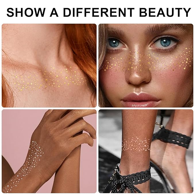 20PCS Glitter Freckles, Glitter Freckles Face Tattoo, Sparkle Freckles for Women and Kids, Cute Star Waterproof Silver Temporary Face Tattoos Glitter Glow Up Patches Makeup Patches (Silver)