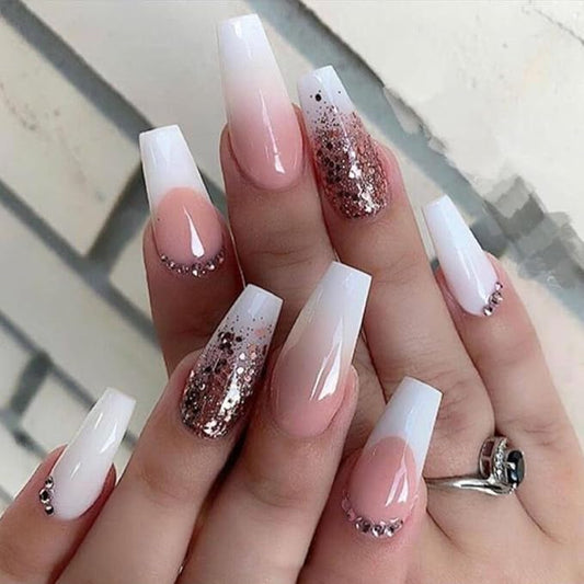 Coffin Press on Nails Medium White French Tip Gradient Fake Nails with Glitter Rhinestones Design False Nails Light Pink Transparent Glue on Nails Glossy Coffin Nails Press ons for Girls 24Pcs